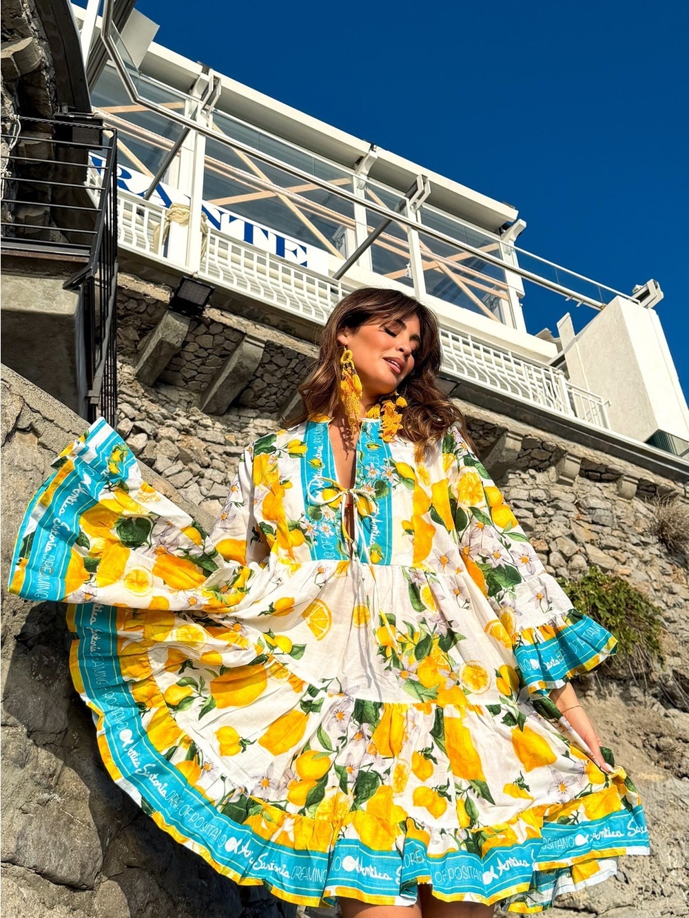 Antica Sartoria White Floral Lemon Print Tiered Mini Dress with Turquoise Trim